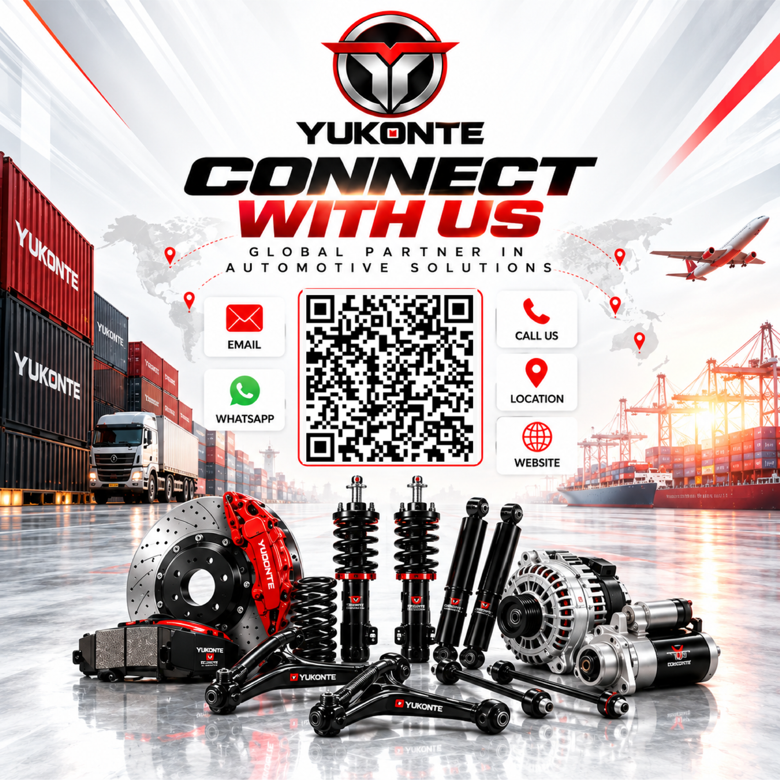 Yukonte global automotive solutions poster with WhatsApp QR code